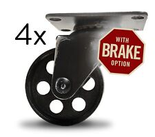 Black Caster Set Brake Vtg Industrial Cast Iron Furniture Wheel Lock Antique