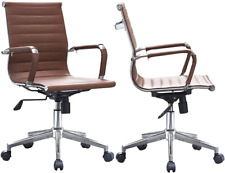 Set Of 2 Modern Office Desk Chairs Mid Back Ribbed Pu Leather Conference Task Ar