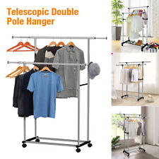 Portable Rolling Clothes Rack Double Hanging Garment Bar Hanger Shelf Adjustable