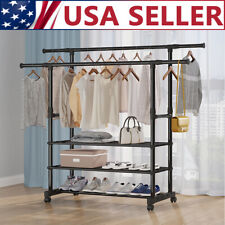 Heavy Duty Clothing Garment Rack Rolling Clothes Organizer Double Rails Hanging