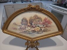 Vtg 1980s Homco Interiors Fan-framed Country-life Art With Hay Wagon Pond...