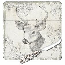 Deer 3 Point Buck Sketch Glass Cheese Serving Board With Spreader 8 X 8