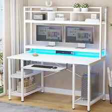 White Computer Desk Home Office Gaming Desk With Hutch Keyboard Tray Led Lights