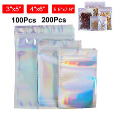 200pcs Holographic Mylar Foil Bag Resealable Ziplock Pouch Packaging Clear Front
