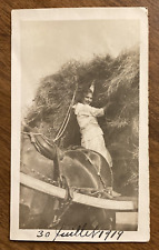 1919 Rural Farm Field Woman Smiling Horse Pulled Hay Wagon Working Photo P10w24