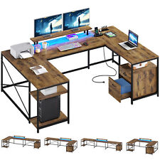 78.7 U Shaped Desk Led Reversible Computer Desk With File Drawer Power Outlet