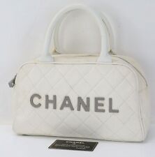 Authentic Chanel White Canvas And Leather Tote Hand Bag Purse 48784