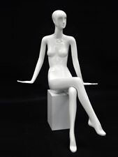 Abstract Glossy White Adult Fiberglass Female Seated Fashion Mannequin With Base
