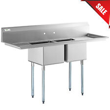 72 2-compartment Stainless Steel Commercial Sink With 2 Drainboards Backsplash