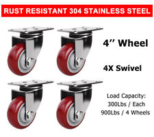 4 Pcs 4 Stainless Steel Swivel Caster Wheel Red Poly Casters Wheels