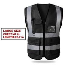 Black Safety Vest With Tool Pockets Reflective Hi Vis Construction Work Traffic