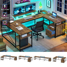 Led U Shaped Computer Desk With Power Outlet Reversible L Shaped Desk W Drawers